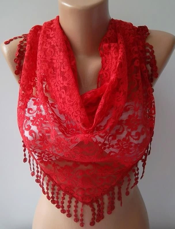 NEW- Mothers Day Gift Red - Lace Shawl/ Scarf - Headband with Lace Edge