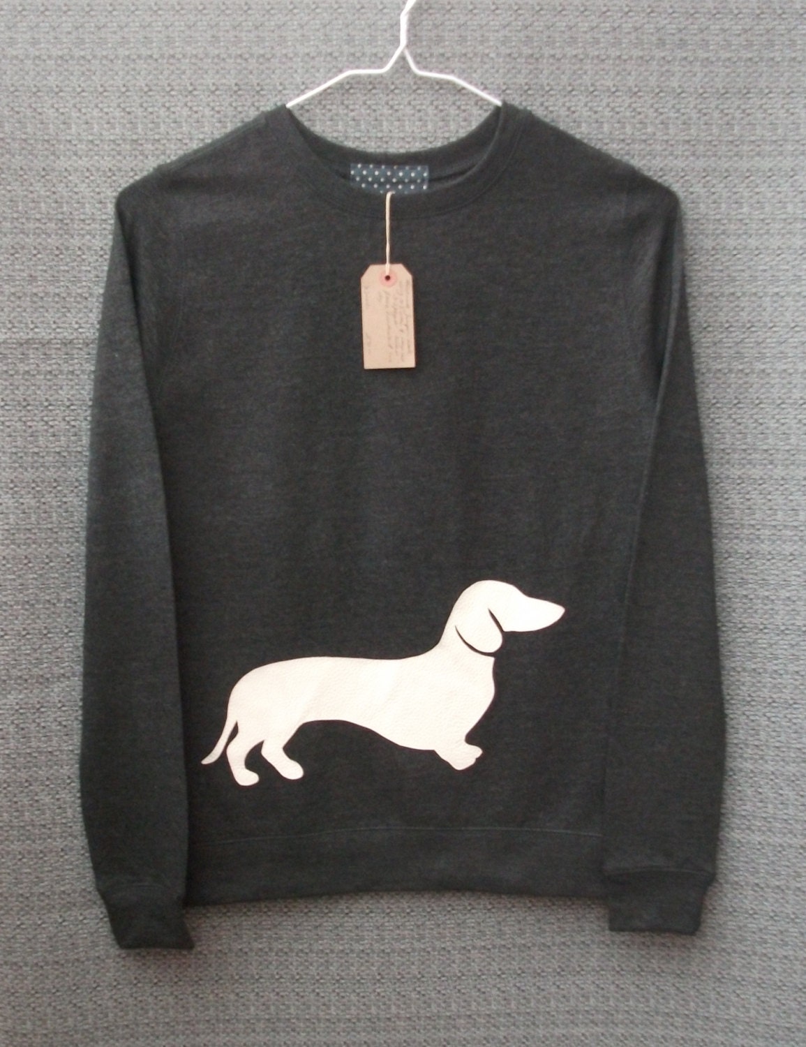 Leather Daschund Jumper Women's Dark Grey Heather Lightweight Crew Neck Sweatshirt