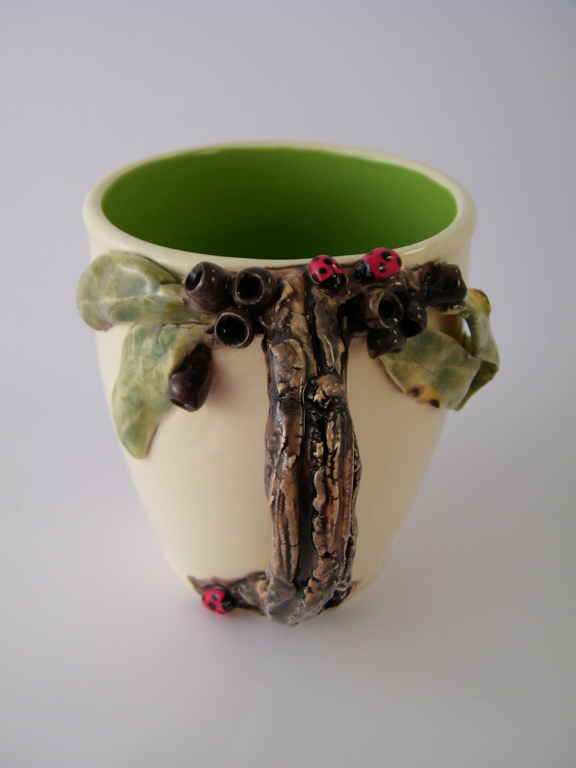 Sculpted Ladybugs Mug/Cup with Gumnuts, Leaves,Tree Branch Handle & Lime Green Interior