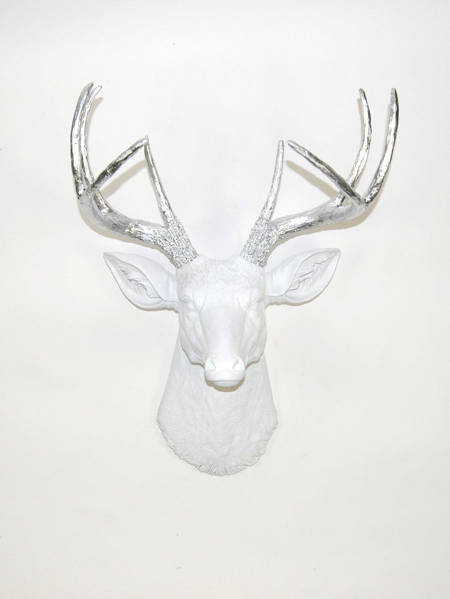 Faux Deer Head - The Penn - White W/ Chrome Antlers Resin Deer Head- Stag Resin White Faux Taxidermy- Chic & Trendy