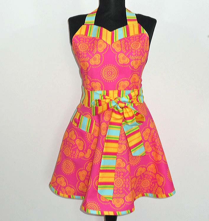 Sweetheart full handmade womens kitchen apron-one size fits most-stripes and summer colors-so cute