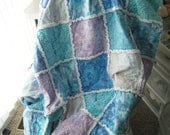 Batik and White Flannel Rag Quilt Throw in Aqua, Blues, and Lavender