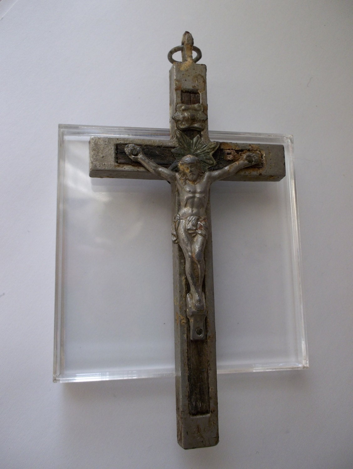 Antique Sacred Heart Crucifix of Wood & Silver Metal / Antique Wood Crosses/ French or European Christian Cross Crucifix