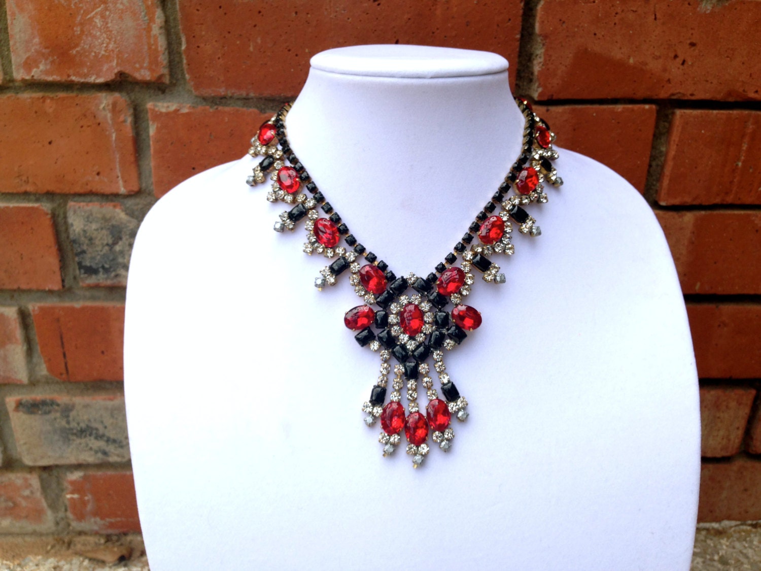 Red Black Hand Painted Rhinestone Statement Necklace - Team Color