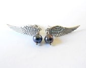 CLEARANCE Victorian Silver Angel Wing Stud Earrings - Peacock Blue Dangle Freshwater Pearl & Silver - Steampunk Made to Order Post Earrings