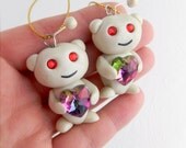 Reddit Alien Valentines Day Geek Ornament, Polymer Clay, Swarovski Rhinestone Eyes, Heart Bead