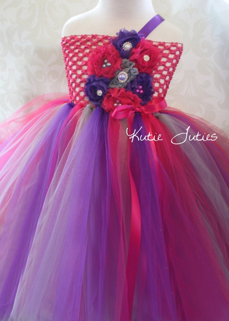 The Jewels Tutu Dress &  Headband- Hot Pink, Purple, Gray, Rhinestones, flower girl, pageant, satin flowers, wedding, infant, baby, toddler