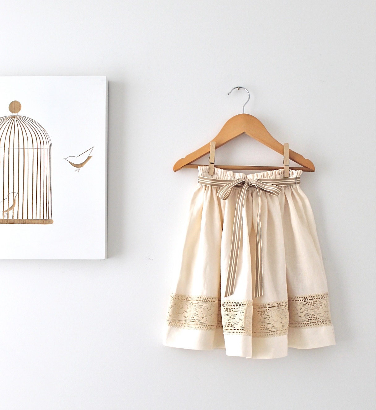 Toddler Girls Natural Linen and Lace Ivory Skirt-Special Occasion Custom Skirt-Bow-Summer Girls Outfit-Children Clothing by Chasing Mini