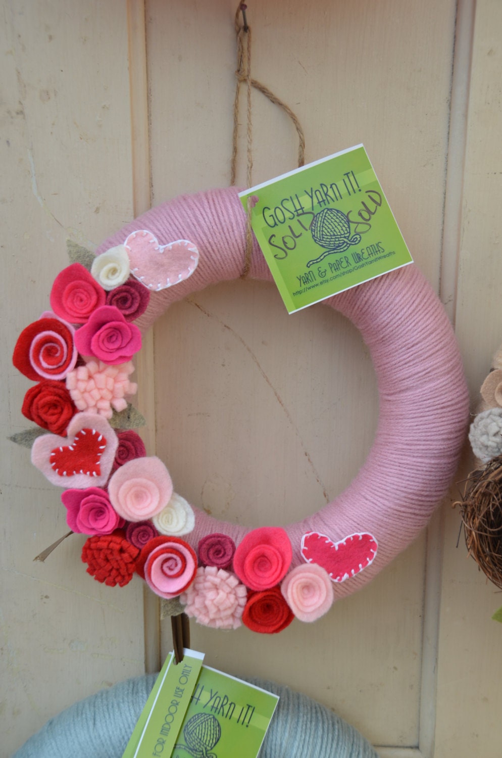 Yarn Wreath - VALENTINE'S DAY - 12 inch Rose Yarn Covered Straw Wreath with Handcrafted Felt Flowers and Heart Accents
