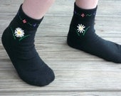 a "Daisy Flowers" - Hand Painted Black Socks for Bigger Feet - Daisy with Pink, Purple & Green Flower Trim, for Teens, Girls/Women, Boys/Men