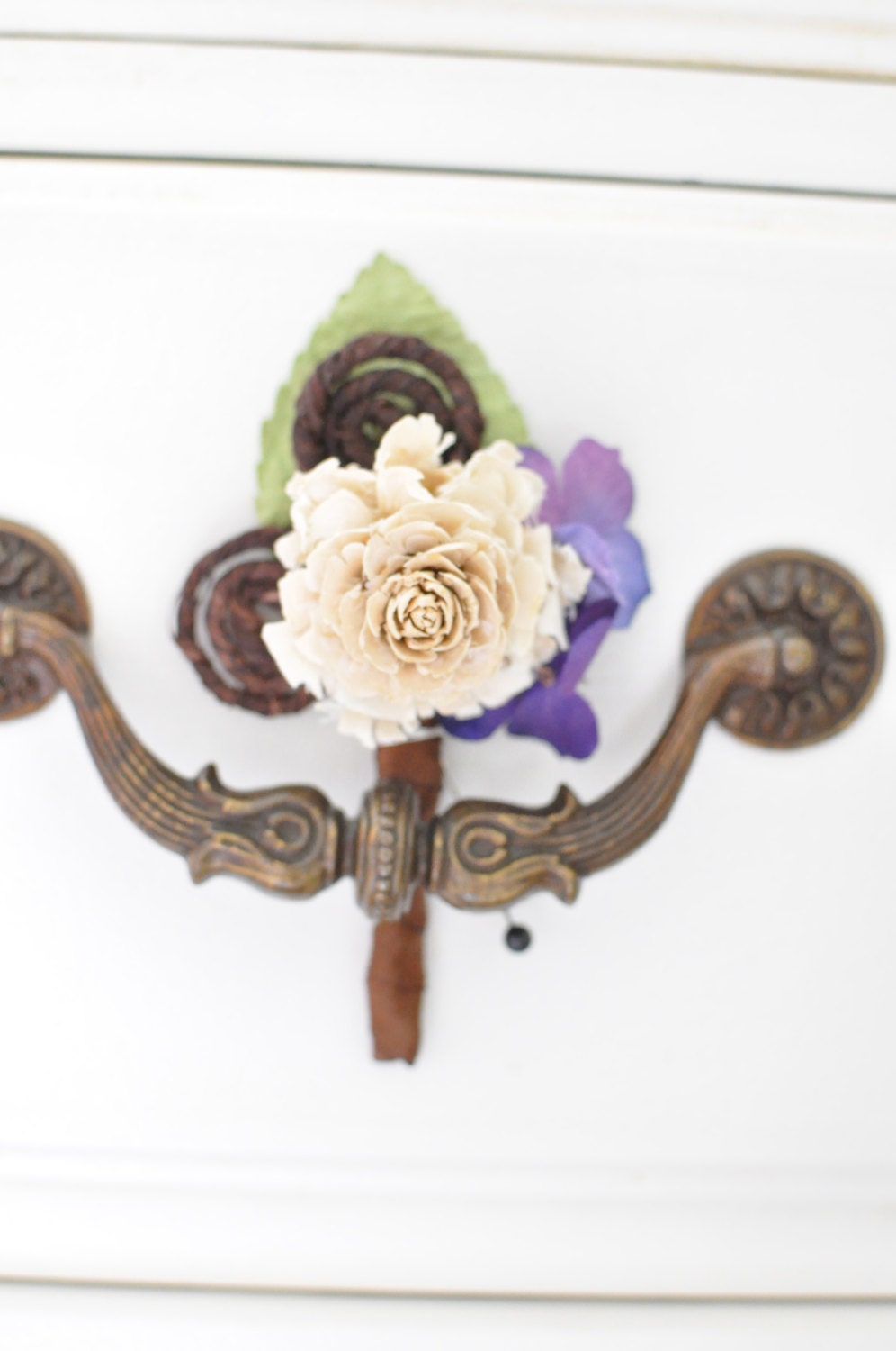 purple paper flower boutonniere, grooms buttonhole, mens button hole, grooms woodrose, fiddlehead