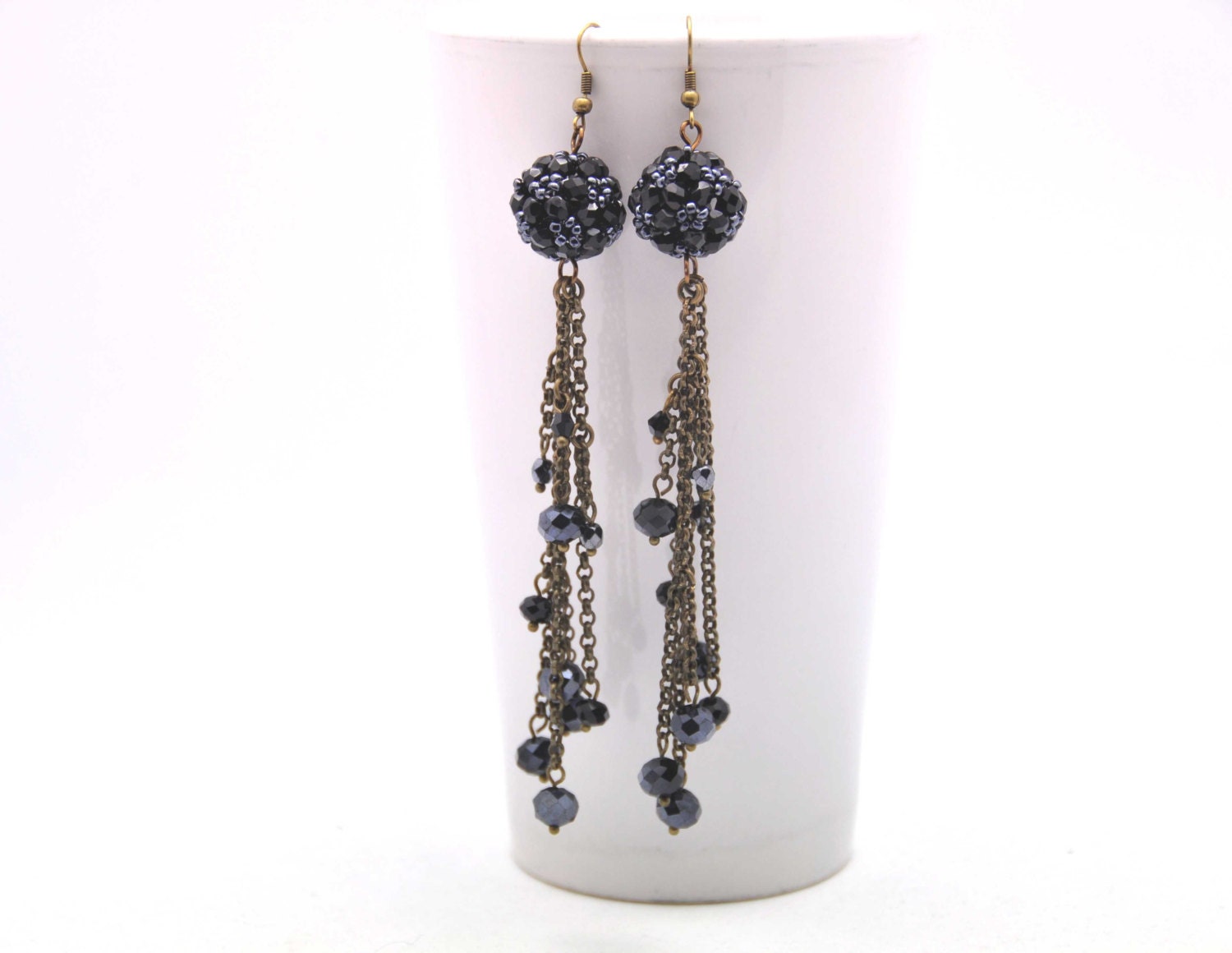 Glamourous  earrings made with black-gunmetal beaded beads,  faceted czech glass beads and beautiful crystals - BBTAR