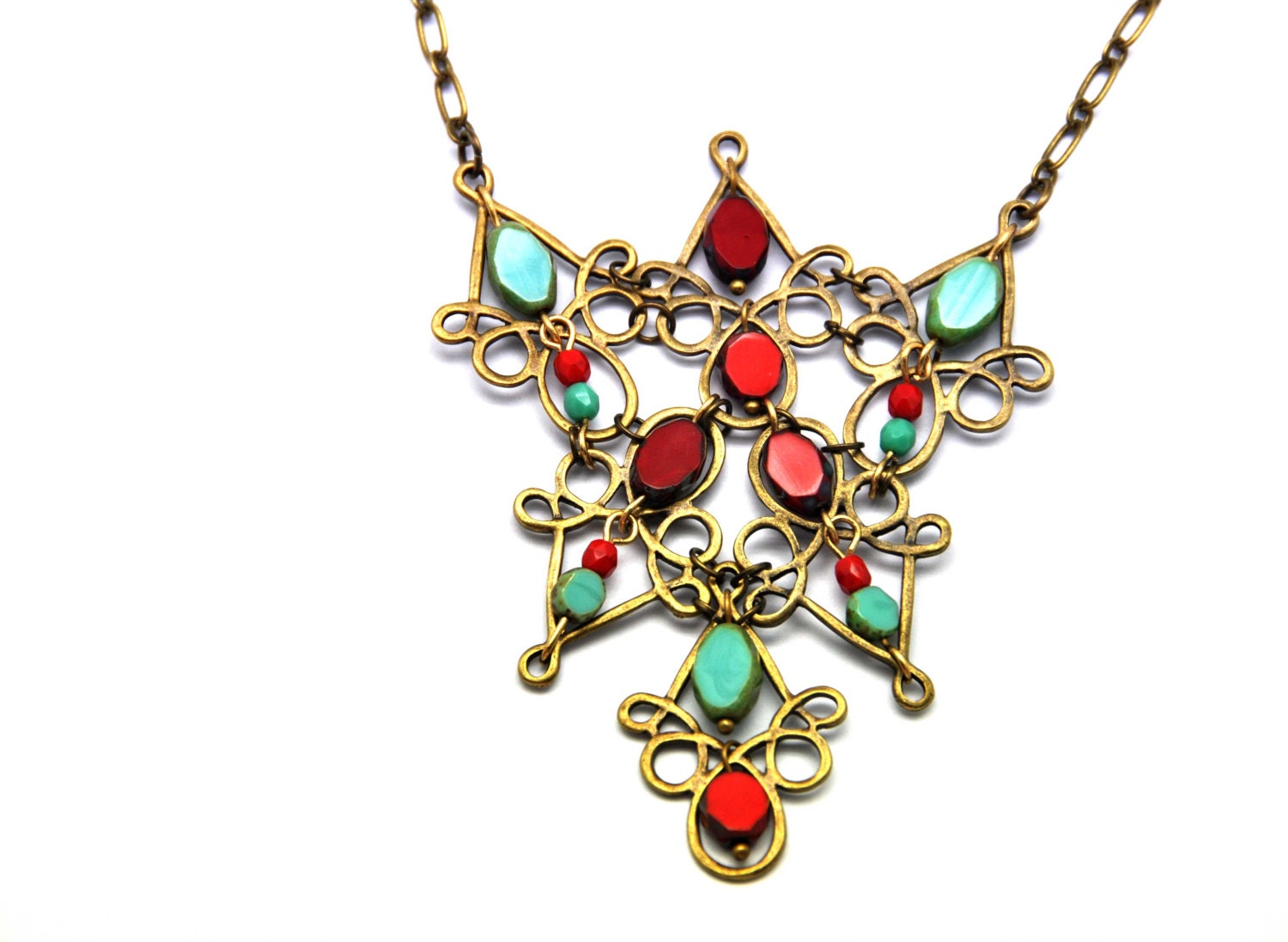 Delightful and joyful necklace made with red and turquoise picasso czech glass beads
