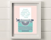 Retro Typewriter Illustration, 8x10 Print in Pink & Teal