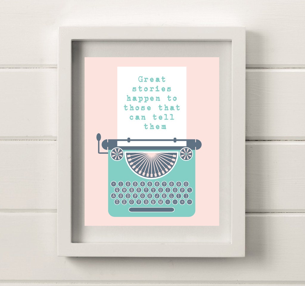 Retro Typewriter Illustration, 8x10 Print in Pink & Teal