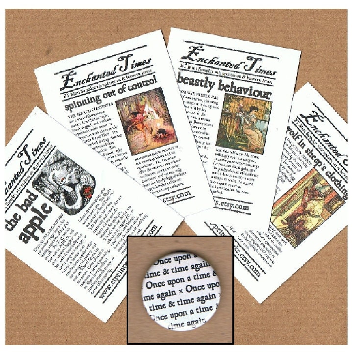Once Upon a Time & Time Again pinback button badge PLUS set of 4 mini notecards - fairy tale newspaper