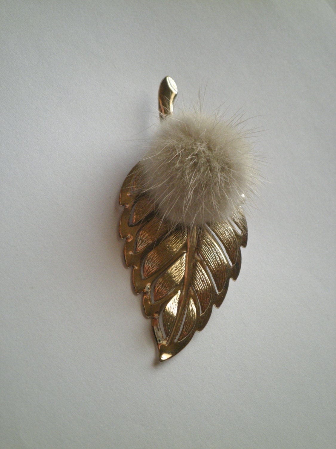 Vintage Leaf Brooch with Rabbit Fur Pom Pom.