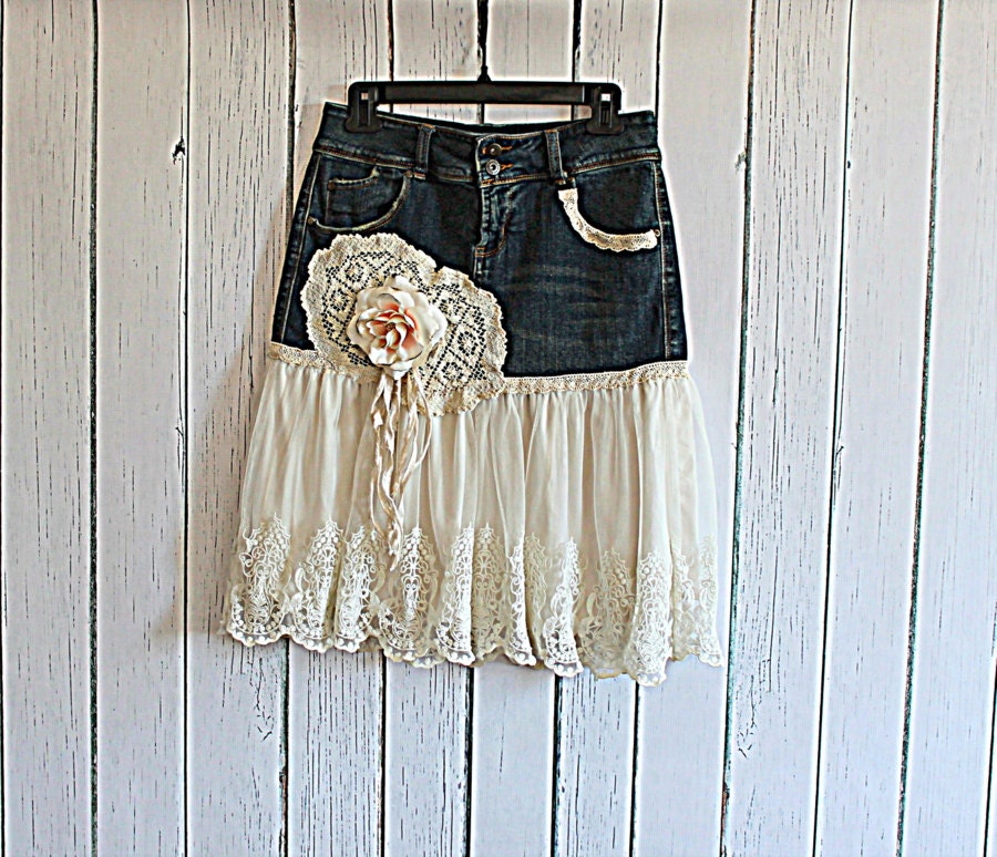 Upcycled Women's Jean Skirt / Romantic Shabby Clothing / Tattered Rose Lace Skirt