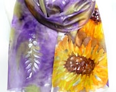 Sunflowers Scarf. Hand Paint Shawl. Women Silk Scarf. Gift for Her.Purple Yellow Scarf. Floral Shawl. 14x71 in. (35x180cm). Ready to Ship.