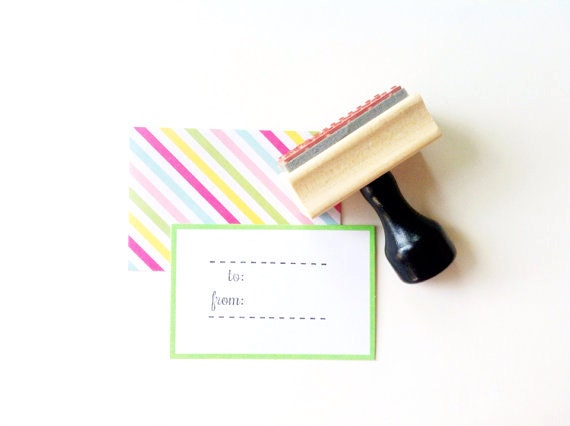 Calligraphy & Dashes To / From Gift Tag Stamp - 1" x 2" - Wood Mounted, Handle and Eco-Friendly Rubber