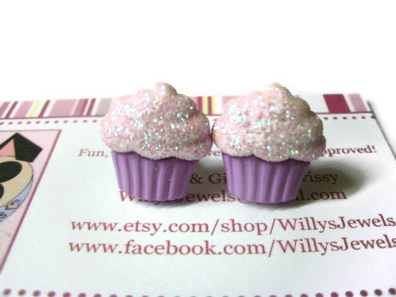 Cupcake Stud Earrings, Purple, Acrylic, Surgical Steel Posts