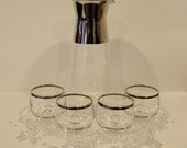Mid Century Roly Poly Glasses, Set of 5 Vintage Silver Rim Glasses and Pitcher