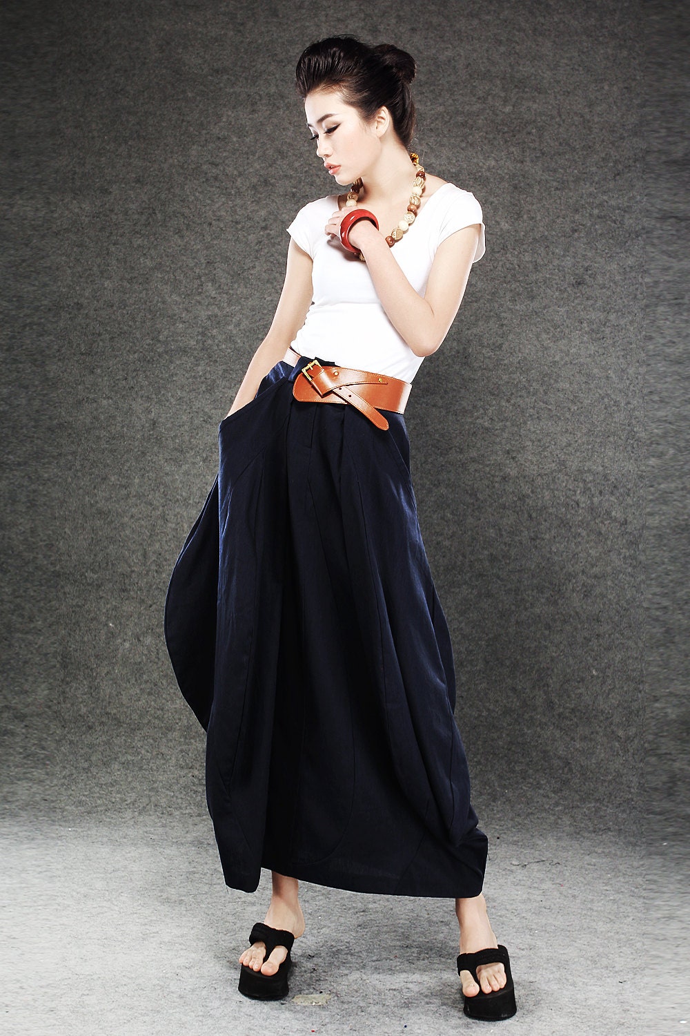 Navy Blue Pretty Linen Bud Long Maxi Skirt