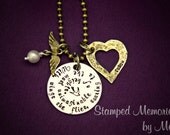 With wings she flies - Inspirational Necklace - Hand Stamped Stainless Steel and Brass - Heart and Wings with Pearl - Mother's Day Gift