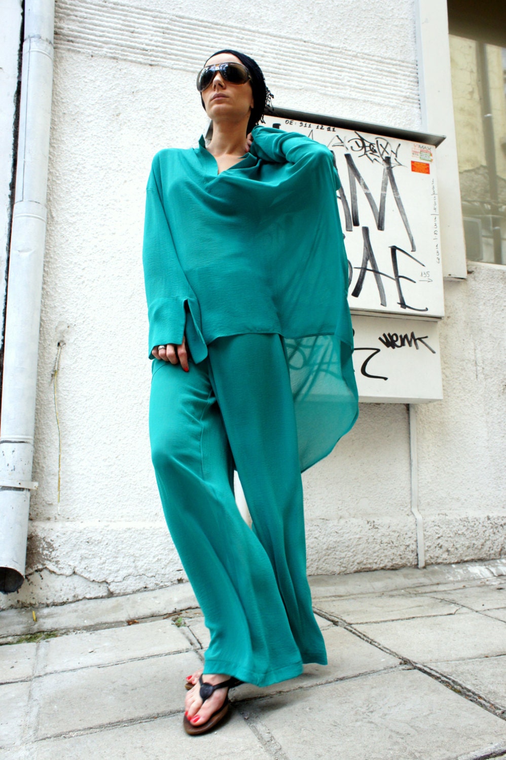 Turquoise Green  Loose Chiffon Shirt / Wide Leg Pants / Asymmetric shirt/ Oversize top with pants