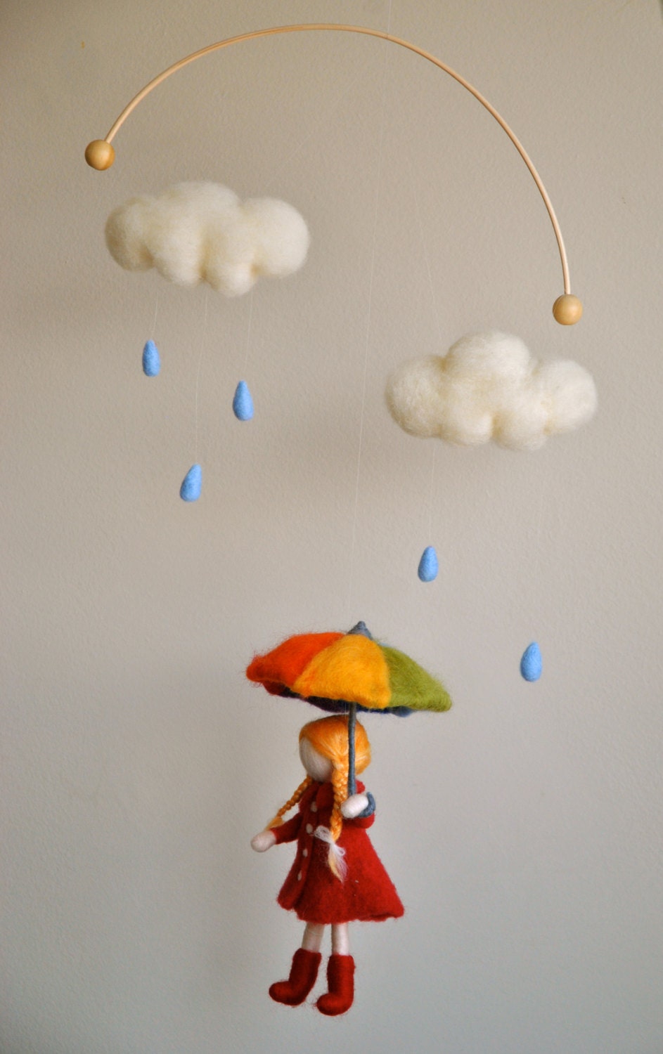 Children mobile Waldorf inspired needle felted girl with umbrella : It's raining