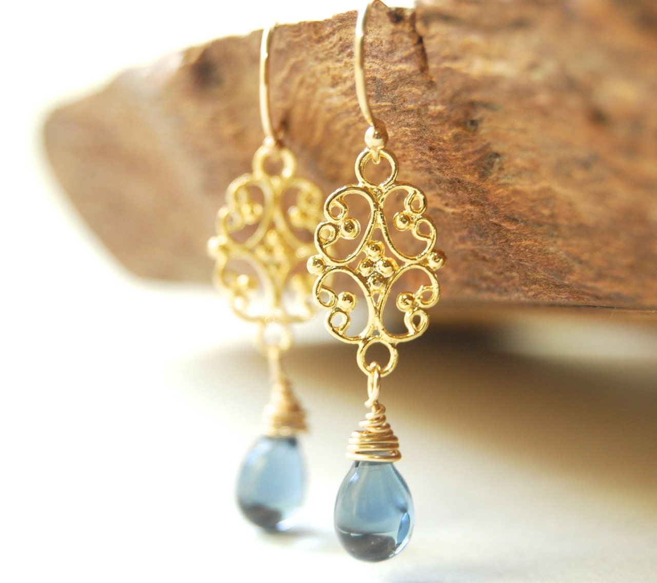 Alohilani earrings - deep blue gold drop earrings, gold filigree and glass drop earrings, dangle earrings, hanging drop earrings, hawaii