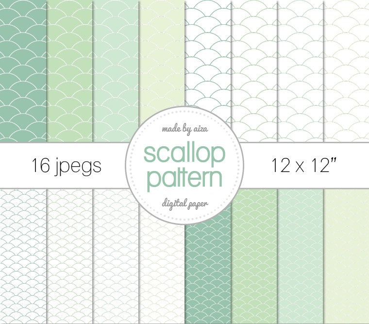 Mint Green Scallop pattern Digital Paper Pack of 16 - INSTANT DOWNLOAD 12x12"