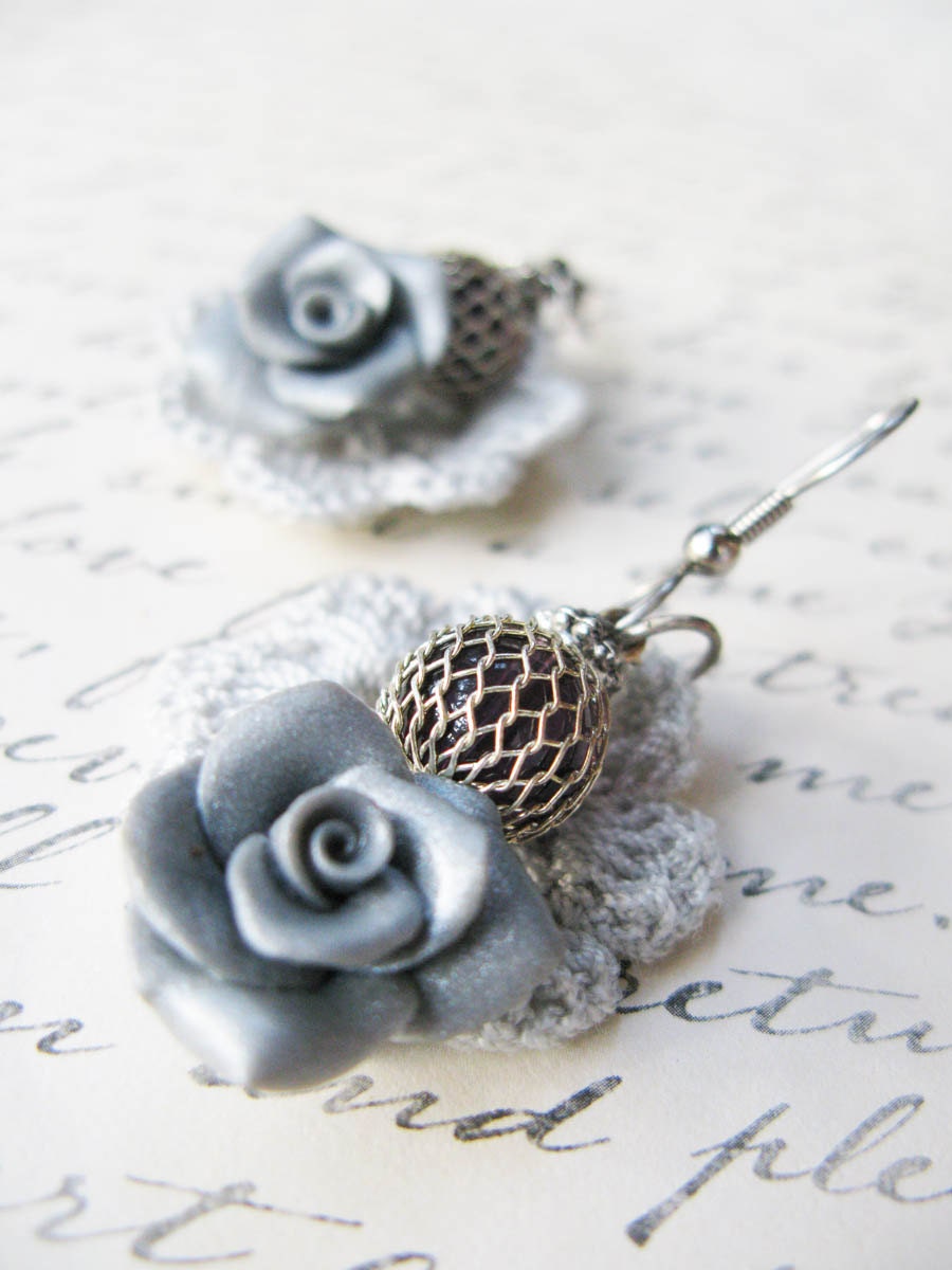 Silver - Mini Doilies Lace and Handcrafted Polymer Clay Rose Earrings with beads - Beautifully Packaged