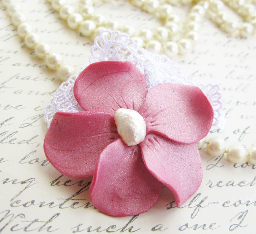 Pink Polymer Clay Flower and Freshwater pearl Lace Brooch - Accessorize Anything -  Beautifully Packaged