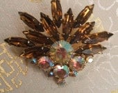 Stunning Brooch of Aurora Borealis and Dark Topaz-Coloured Stones