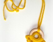 SUNSHINE - yellow wooden necklace - natural wood pendant - wool crochet work - women handmade necklace