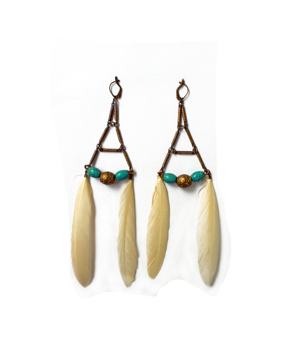Cream feathers , turquoise stone long tribal earrings