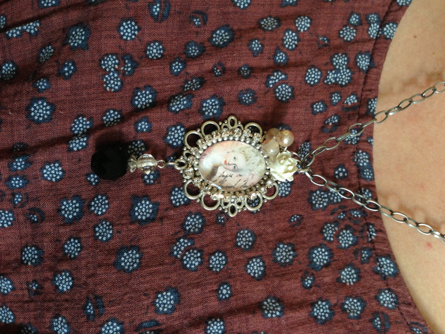 Old World Charmed French Parisian, Vintage Carved Rose,  Swarovski Crystal Frame, Rosaline Crystal, Black Onyx Beads