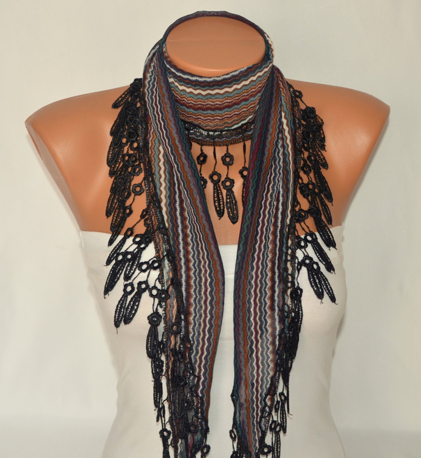 Chiffon tribal print scarf  with lace edge birthday gifts women scarves lace scarf women's fashion accessory