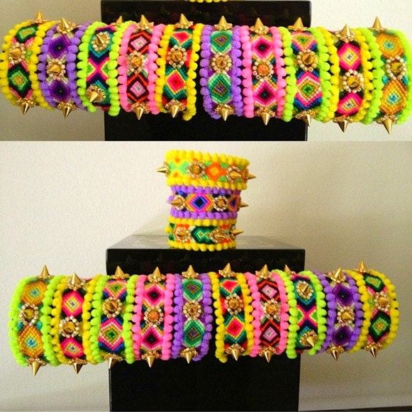 Arlequin Bracelet  - Handwoven, diamante friendship bracelets embellished with aurora borealis crystals, neon pompons and delicate spikes