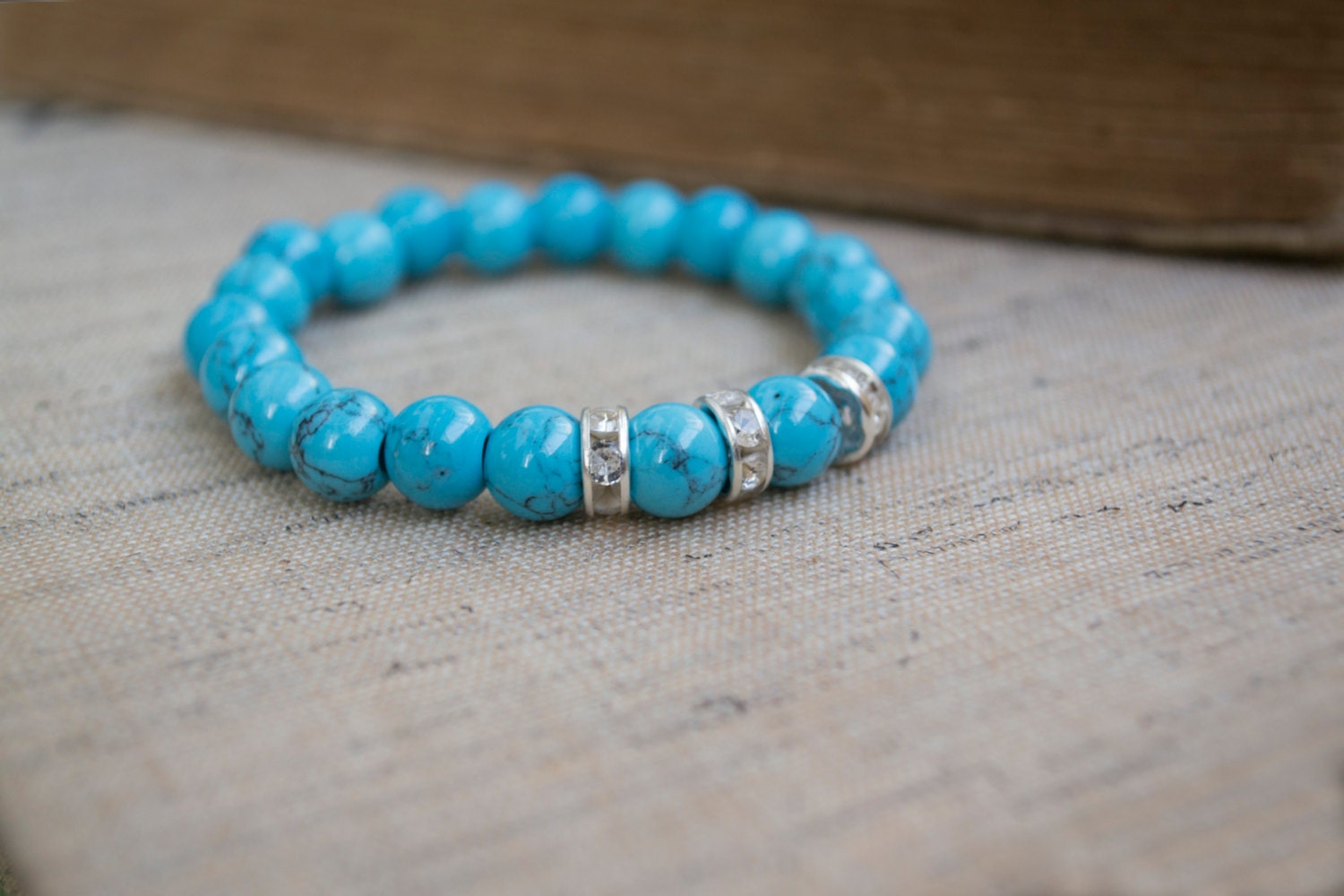 Turquoise Bracelet. Genuine Blue Turquoise and Rhinestones Stretch Bracelet. Beaded Jewelry. Stone Jewelry