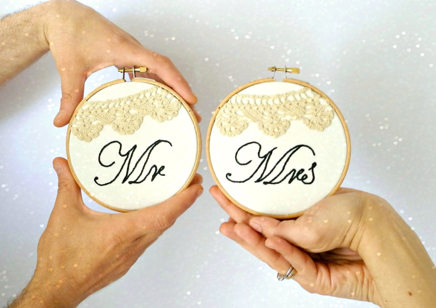 Mr & Mrs crochet lace wedding decoration, Hoop art embroidery set of two ,wedding sign hoop art,wedding embroidery,table top wedding sign