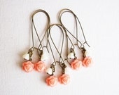 Set of 3 Pink Coral Wedding Jewelry, Bridesmaids Gift, Bronze Vintage Weddings, Rustic, Long Earrings, Country Weddings