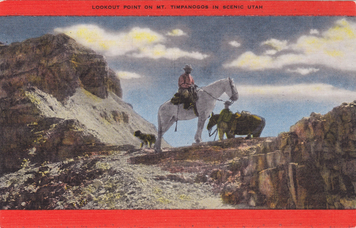 Mt. TIMPANOGOS, UTAH - LOOKOUT Point, Cowboys, Horses, Dog, Provo Valley, Vintage Linen Postcard, c. 1950s, Ogden News Co.