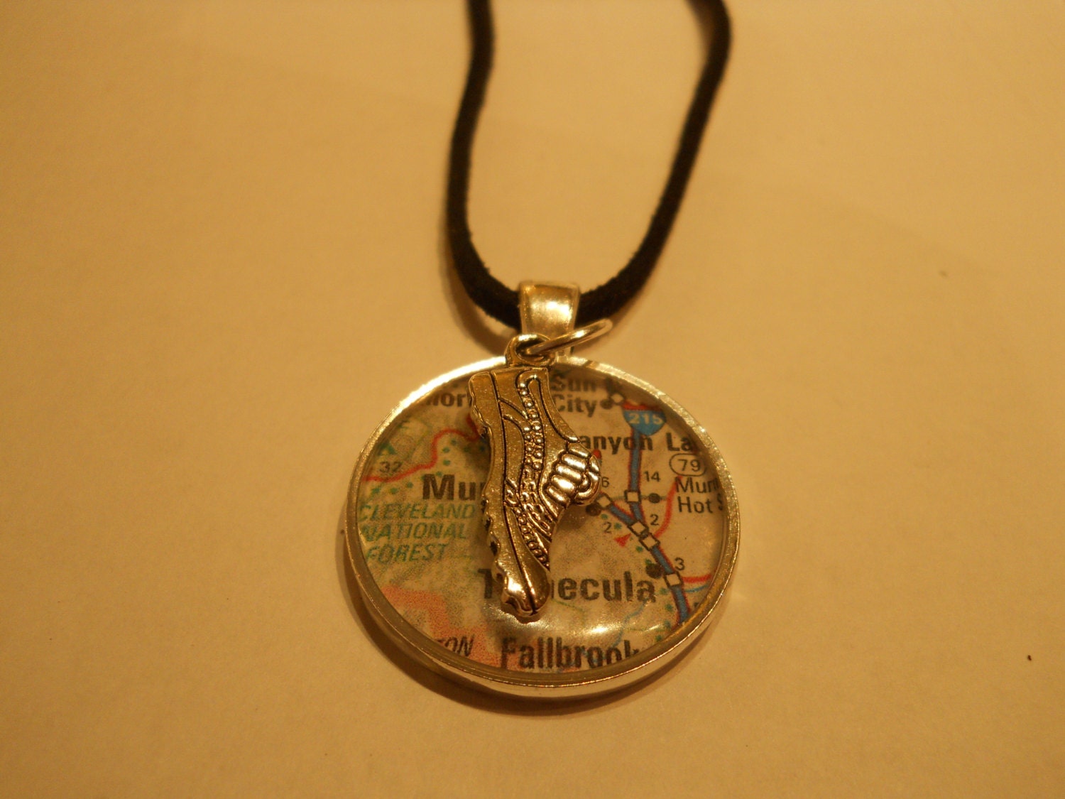 Large Running Pendant Necklace World Map of Any Location Silver or Black Suede Chain - Marathon, 10k, 5k Half Marathon