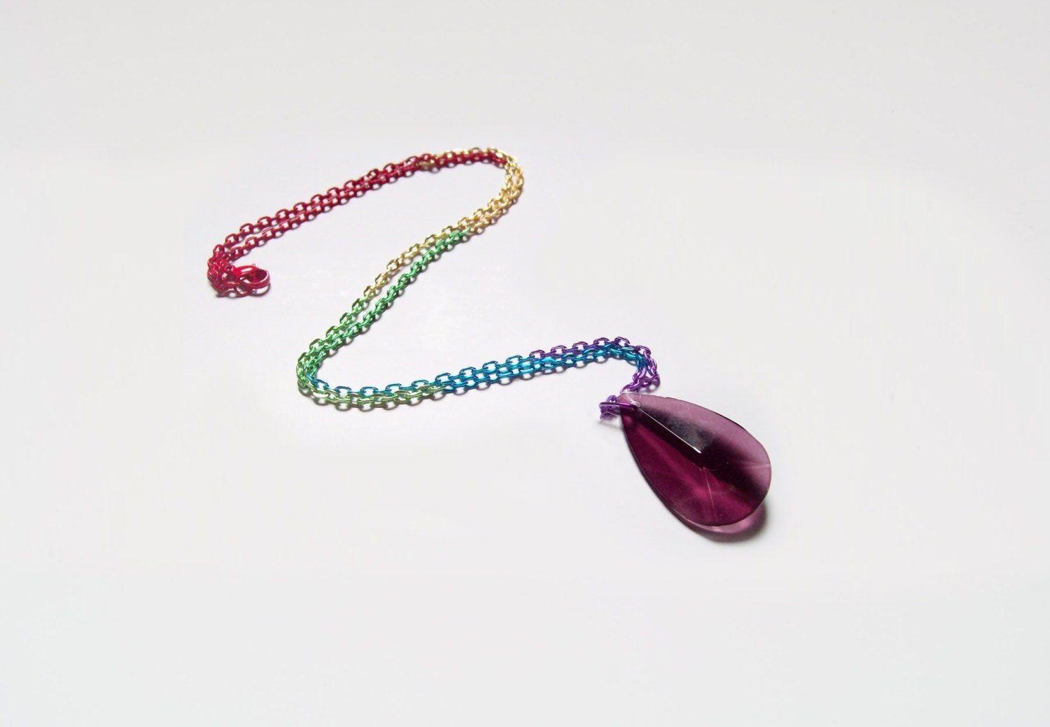 GAY PRIDE Purple Crystal Pendant Necklace w/ Rainbow Color Chain Oval Cut