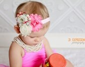 Pink Floral Headband - Shabby Headband - Newborn Headband - Baby Girl Headband -Elastic Headband - Baby Headband - Elastic Headband