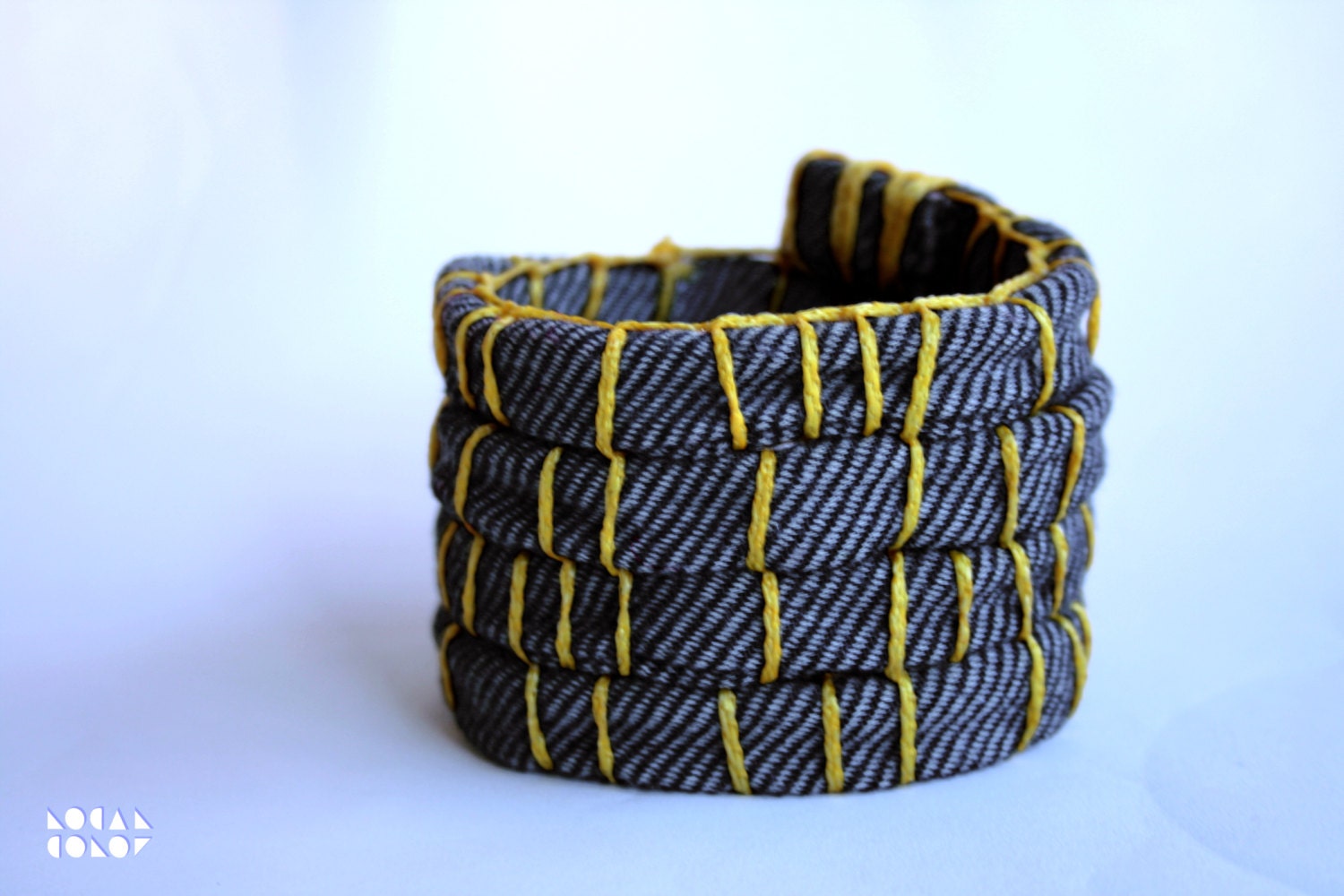 Fabric Coil Cuff Bracelet: Pinstripes with Yellow Rope