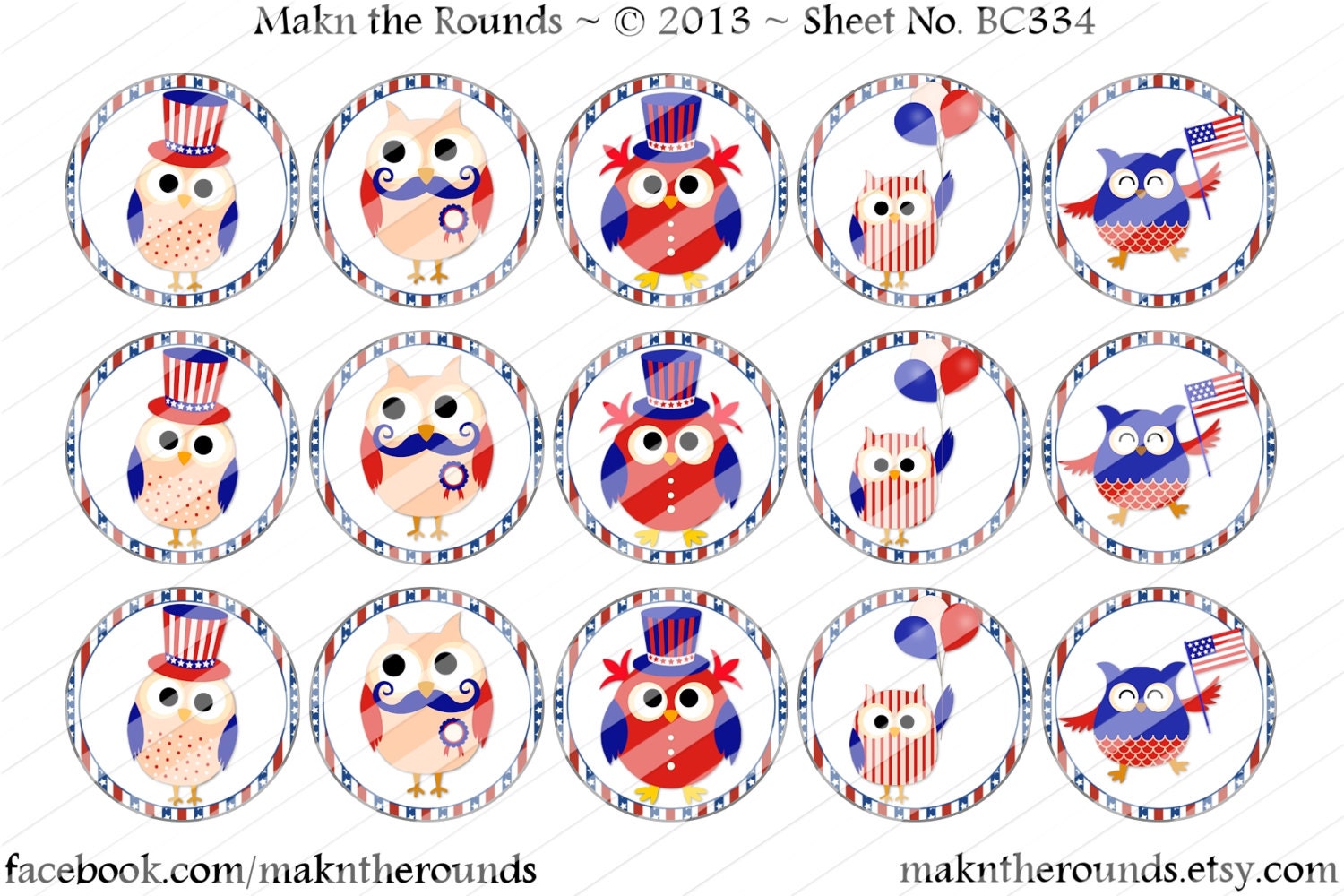 4th of July Owls - 1 inch Circle Bottle Cap Image - 4x6 and 8.5x11 Digital Collage Sheet (No. BC334) - Instant  Download