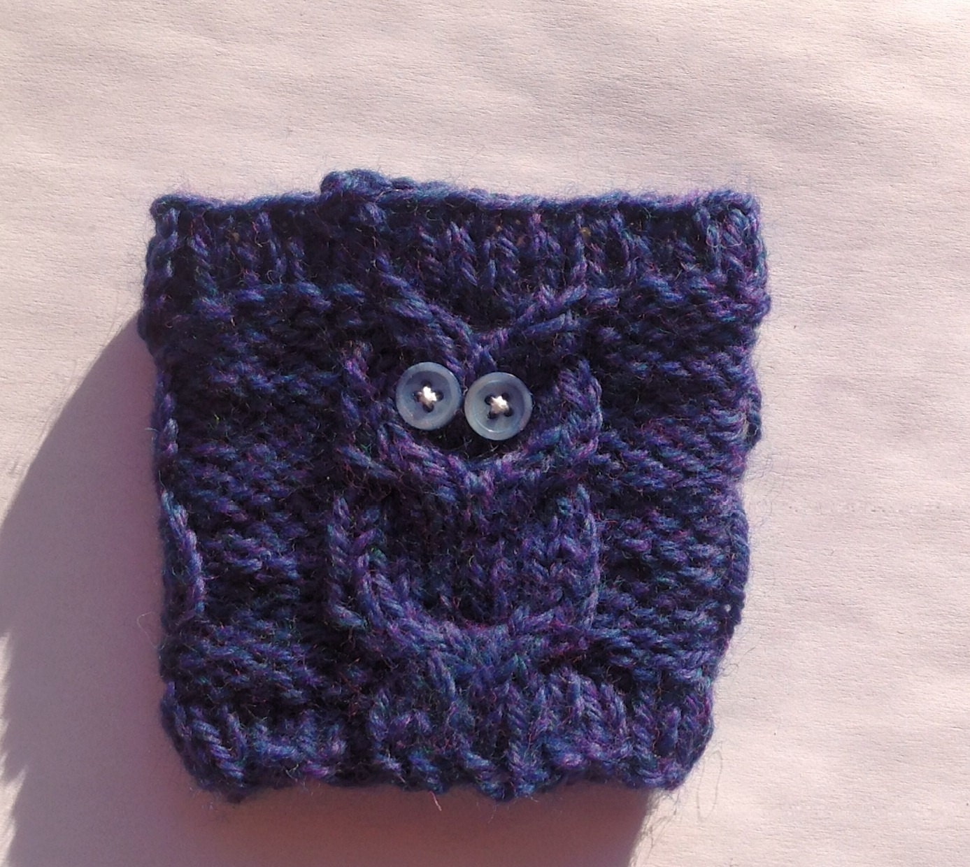 Blue Heather Owl Cup Cozy: Reuseable, Hand Knit Sleeve for Hot Beverage, Tea, Coffee